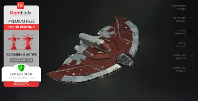 Red and gray spaceship model with a curved wing design, suitable for 3D printing.