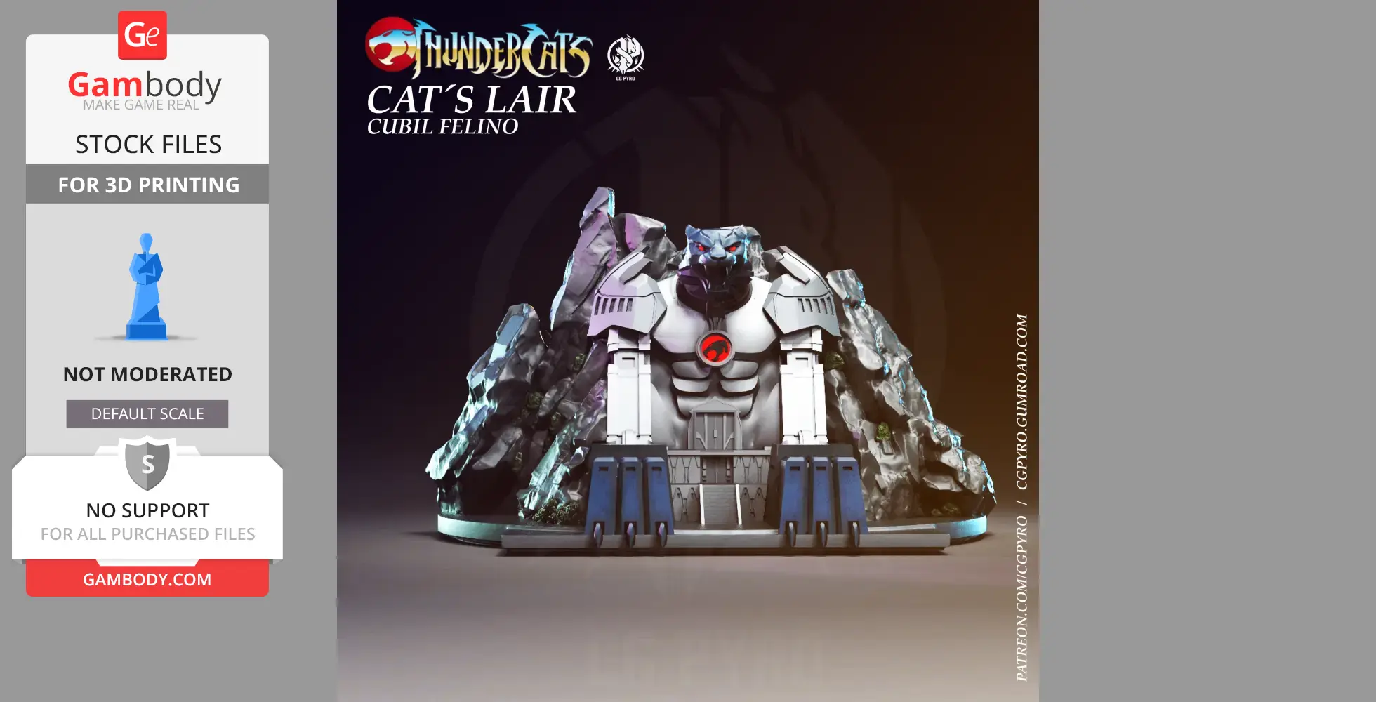 Futuristic fortress with a feline design, rocky background, featuring the Thundercats logo.