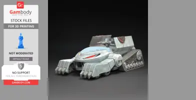 A detailed 3D model of the Thundertank from Thundercats, designed for 3D printing, with tracked wheels and a sleek cabin.