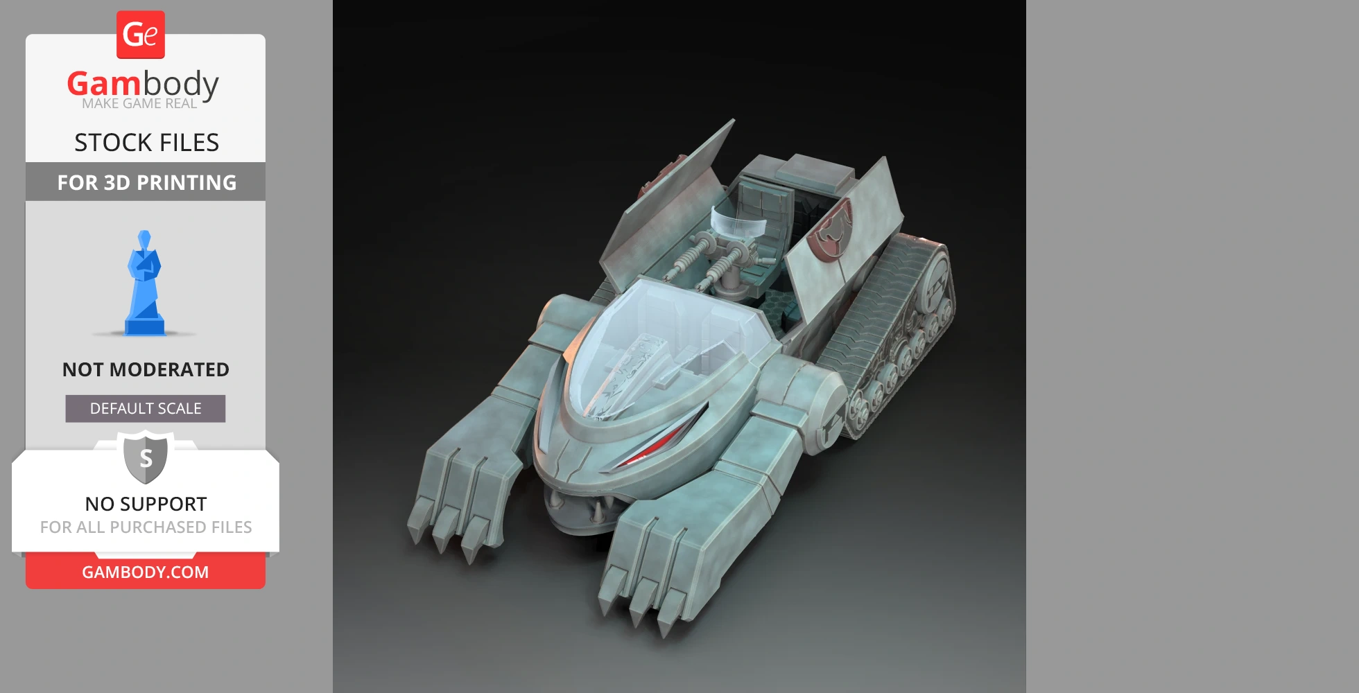 Futuristic tank model with cat-like features, designed for 3D printing, featuring tracks and a sleek cockpit.