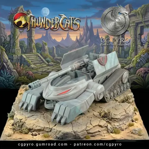 Futuristic tank with cat-themed design, large cannon, and track wheels for 3D printing.