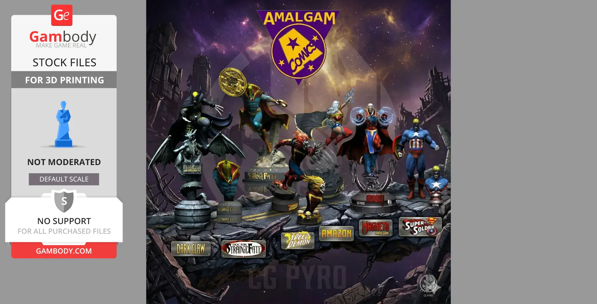 Collection of Amalgam Comics characters for 3D printing displayed with cosmic background.