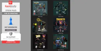 Collection of Amalgam Comics 3D model figures for printing, including Amazon, Dark Claw, and others.