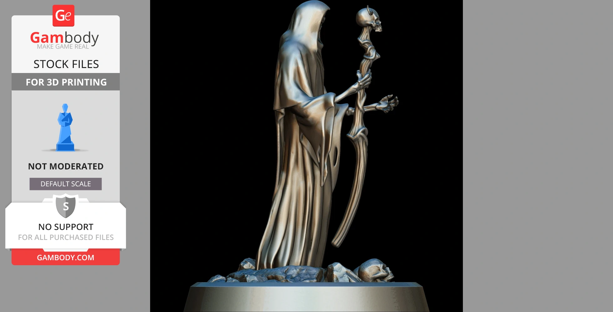 Hooded figure with a skull staff stands on a base with scattered skulls.