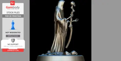 Hooded figure with a skull staff stands on a base with scattered skulls.