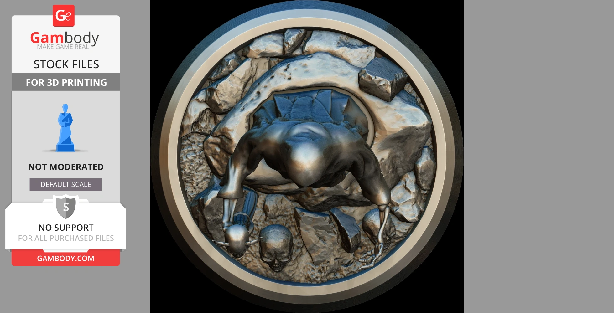 A robed figure with skeletal arms emerges from a rocky surface, surrounded by skulls.