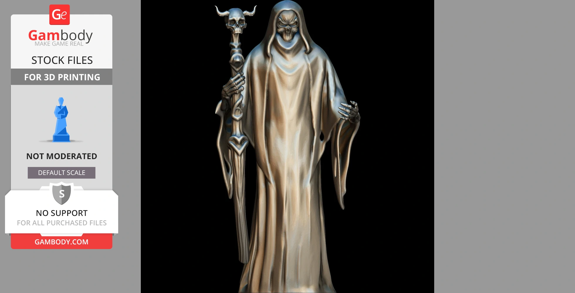 A hooded skeletal figure holding a staff with a horned skull, cloaked in robes.