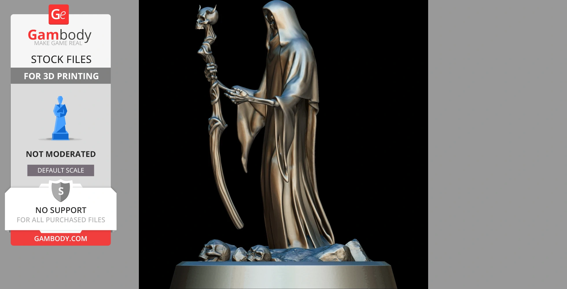 A robed figure holding a staff with a skull, standing on a base with skulls and rocks.