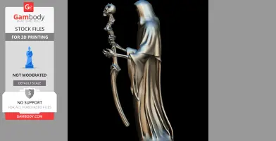 A cloaked figure model holding a staff with a skull, designed for 3D printing.