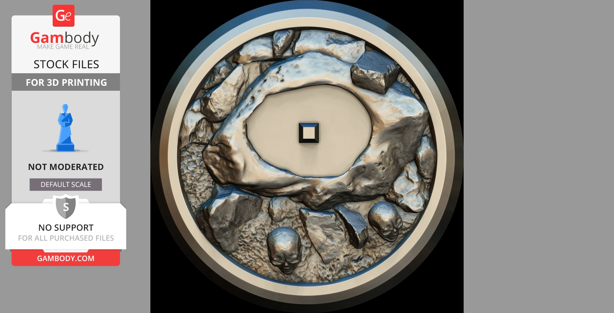 A round, rocky base with embedded skulls and a central square socket for a 3D printable figure.