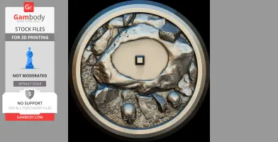 A round, rocky base with embedded skulls and a central square socket for a 3D printable figure.