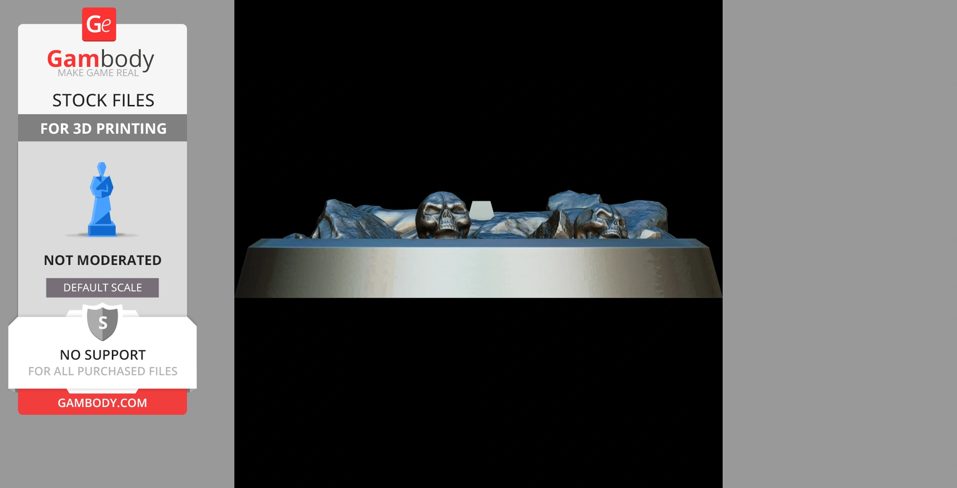 A 3D printable base with skulls and rocky terrain design, shown from a low angle.