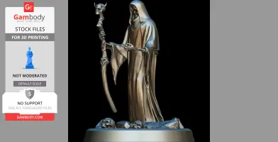 Hooded figure with a skeletal staff stands on a base with skulls, ready for 3D printing.