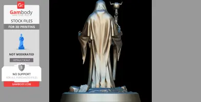 A hooded dark lord figure holding a staff, standing on a rocky base for 3D printing.