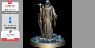 A cloaked figure with a skull-topped staff stands on a decorated base with skulls and rocks.