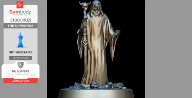 Hooded figure with skull staff, standing on skulls, in a dramatic pose for 3D printing.