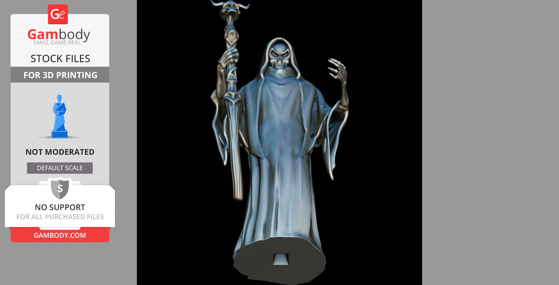 A cloaked skeletal figure holding a staff with a skull on top, in a menacing pose.