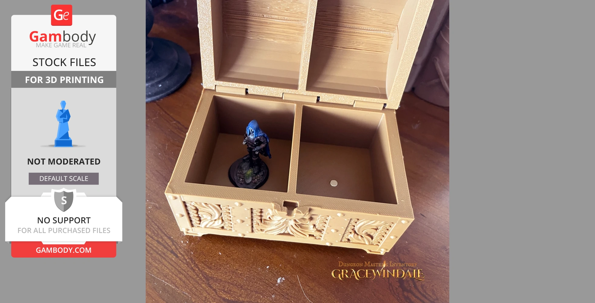 Open miniature chest with a blue-hooded figurine inside, designed for 3D printing.