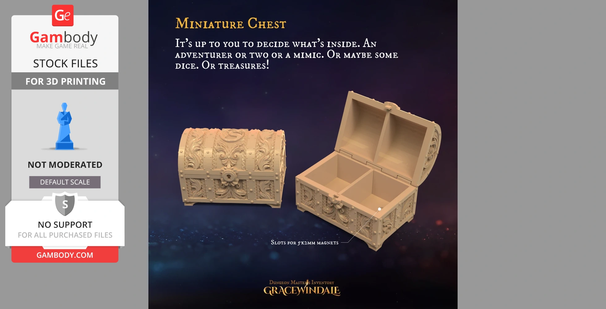 Intricately designed miniature chest for 3D printing, with ornate details and slots for magnets.
