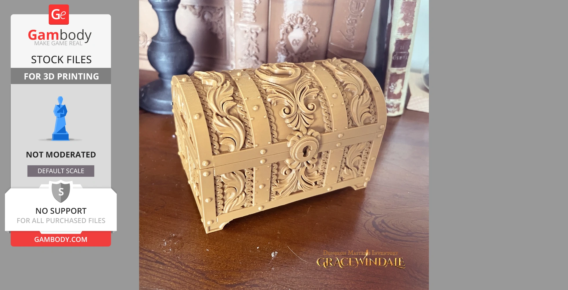 An ornate miniature treasure chest with intricate detailing, designed for 3D printing.