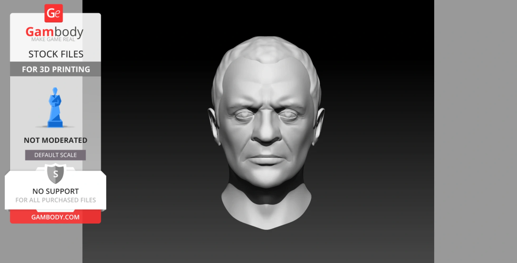 3D model of a serious male face, front view, digital rendering for 3D printing.