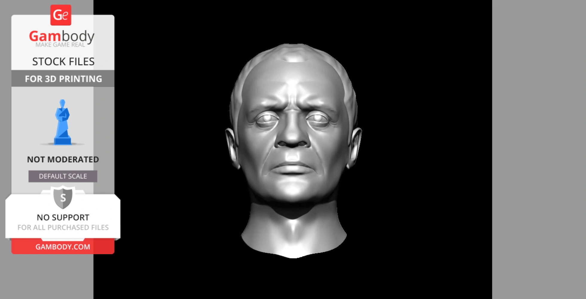 A 3D model of a realistic male head with detailed facial features for 3D printing.