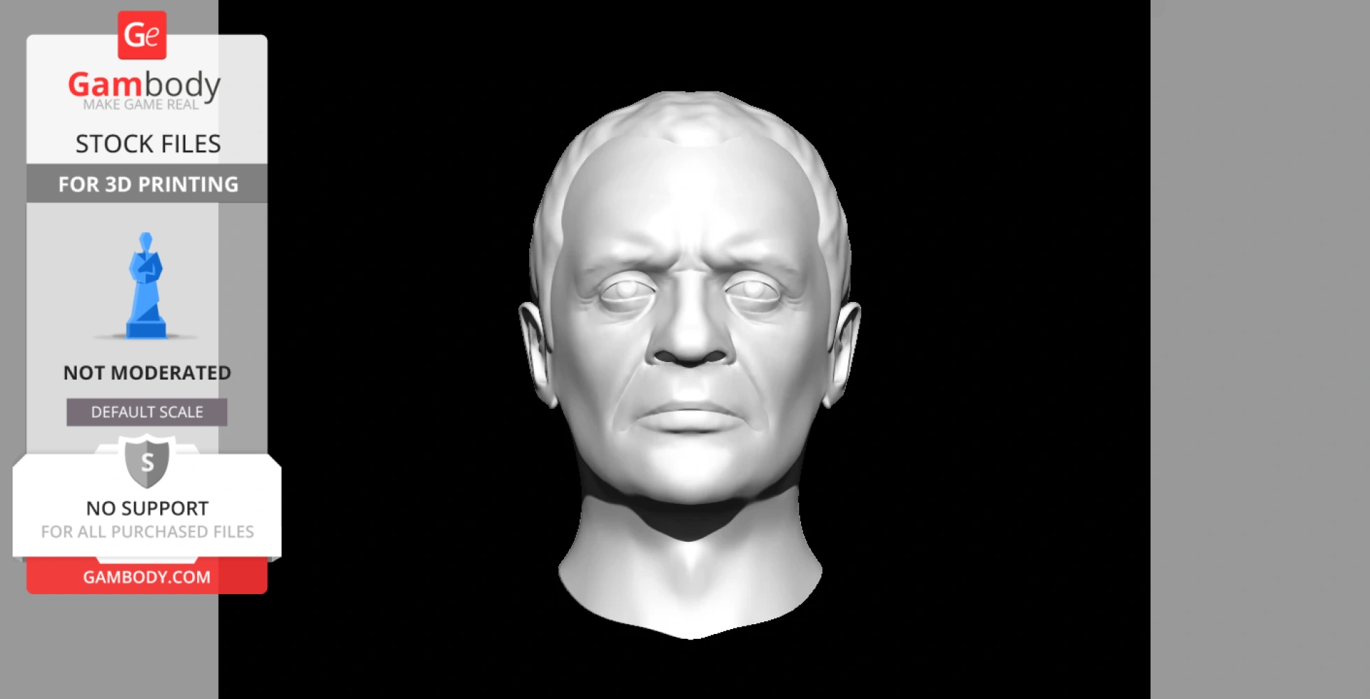 A 3D model of a man's head with detailed facial features, suitable for 3D printing.