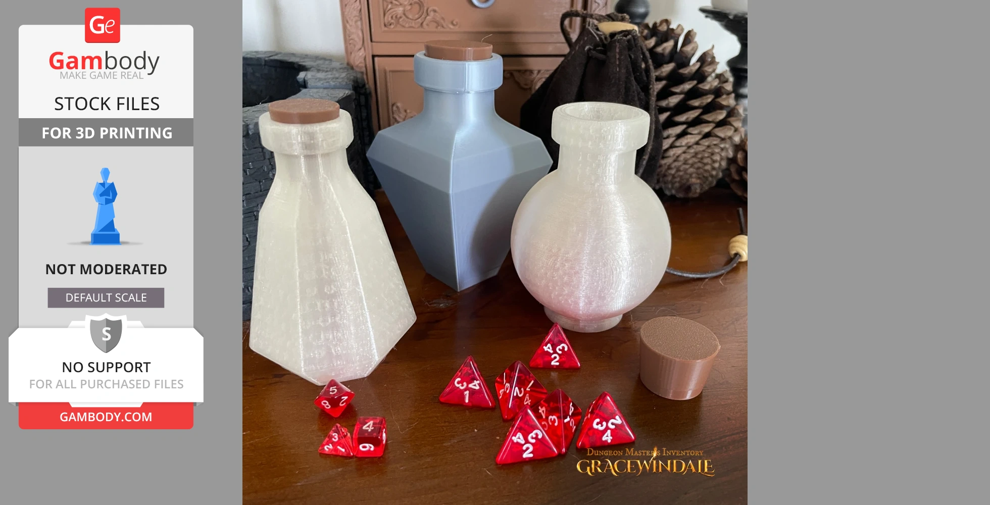 Three 3D-printed potion bottles with red dice on a wooden surface.