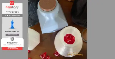 3D printed potion bottles with dice inside, shown on a wooden surface.