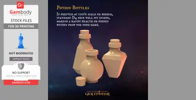 3D models of potion bottles for printing, with various shapes and lids, suitable for tabletop games.