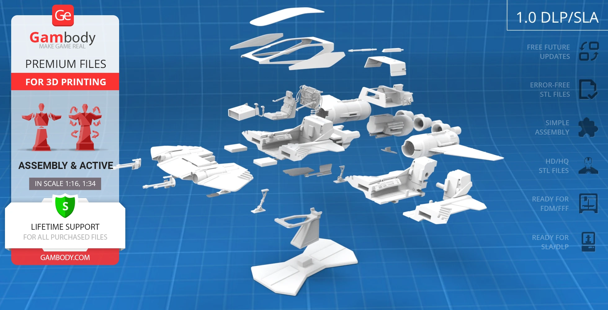Exploded view of 3D-printable Star Wars Pirate Snub Fighter parts on a blueprint background.