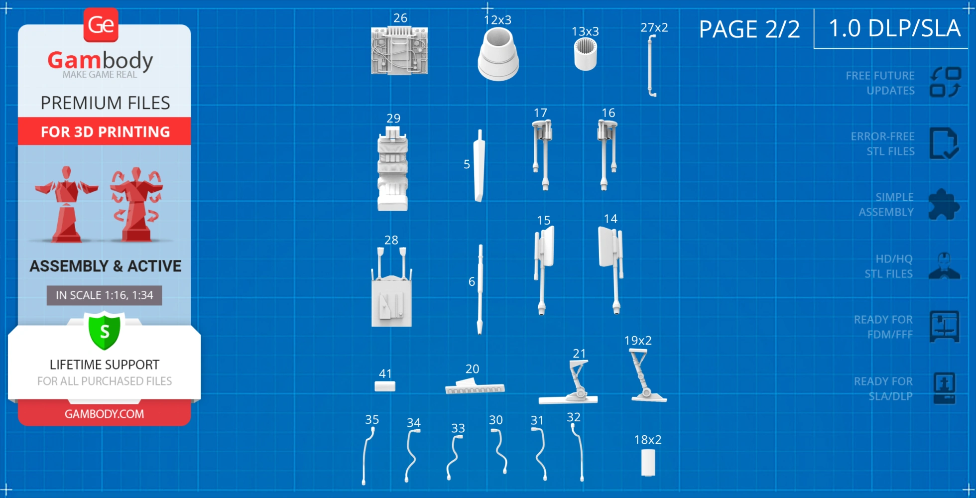 3D printing parts for a Star Wars Pirate Snub Fighter, organized on a blueprint-style layout.