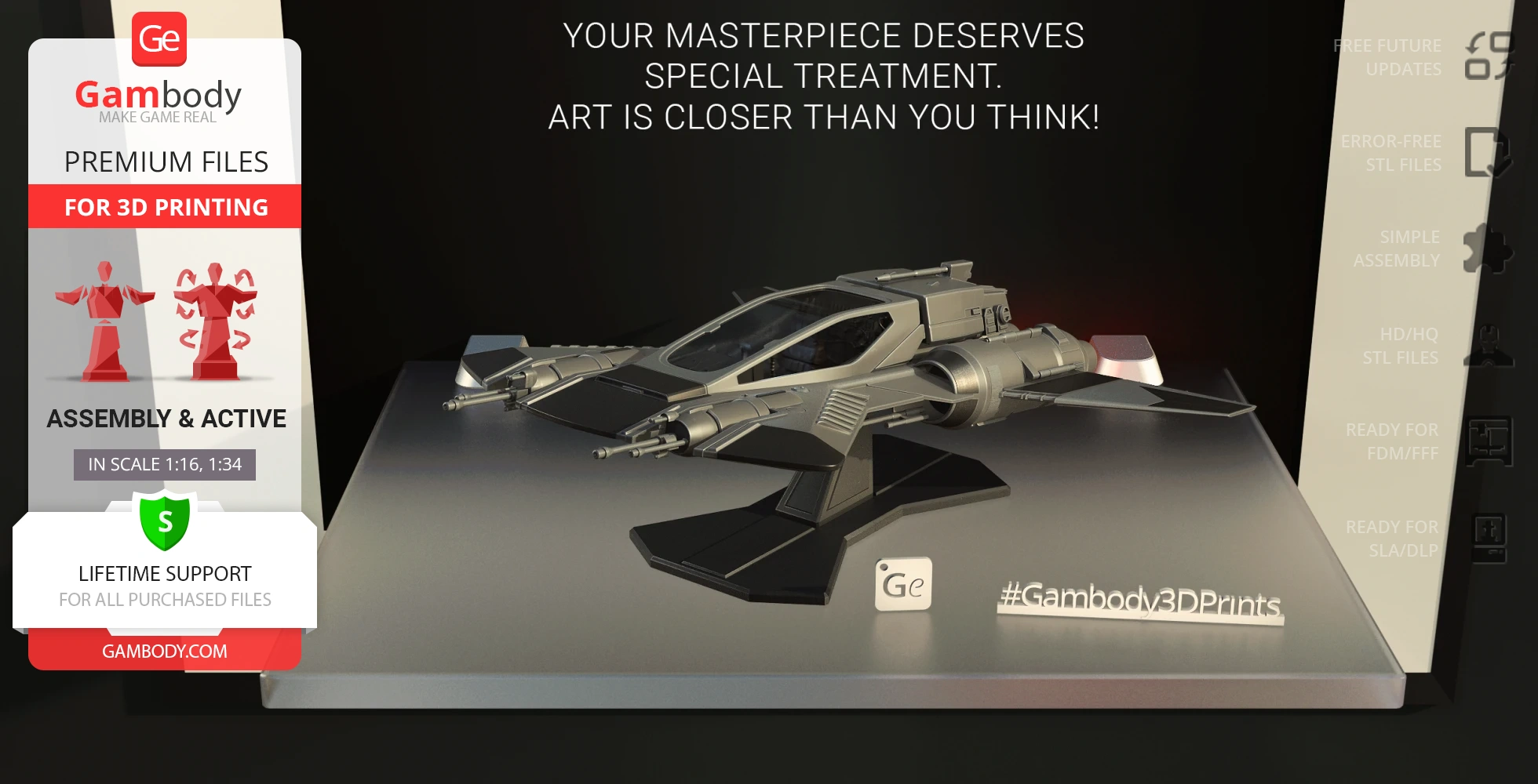 A sleek, gray Star Wars-inspired pirate snub fighter model on a display stand for 3D printing.