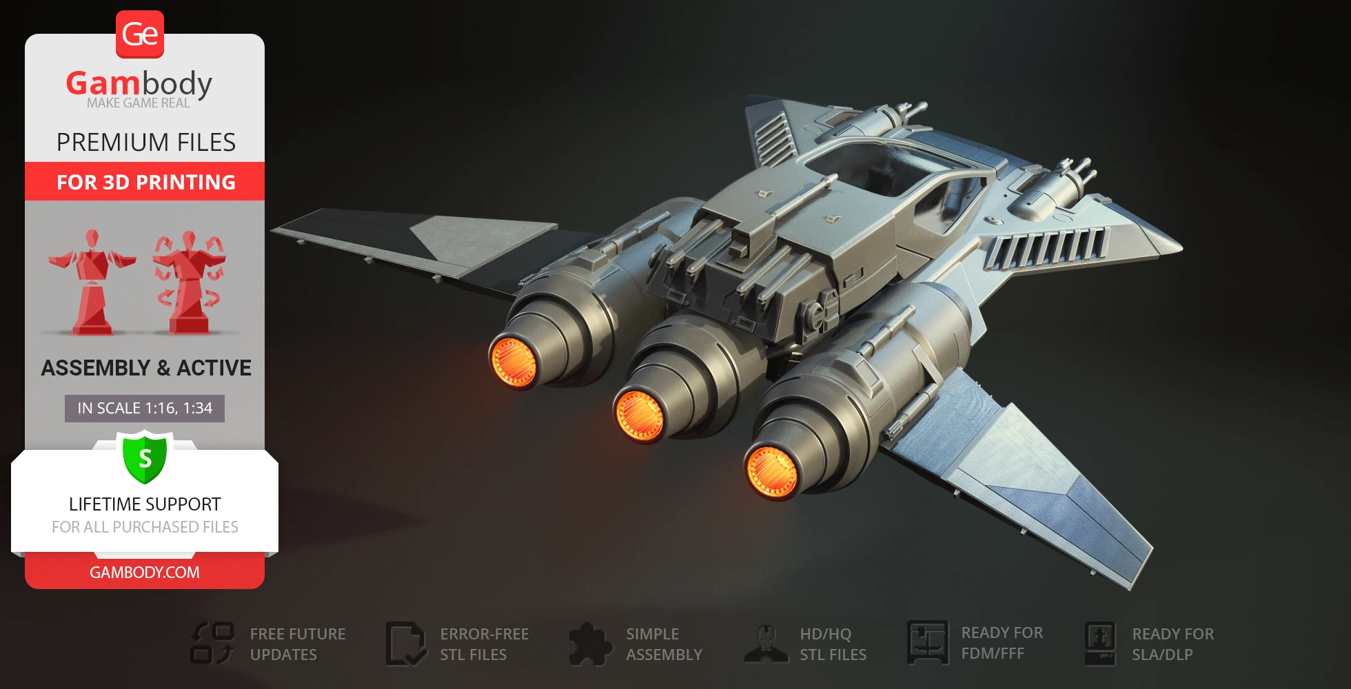 A detailed 3D model of a futuristic space fighter ship with glowing thrusters and angular wings.