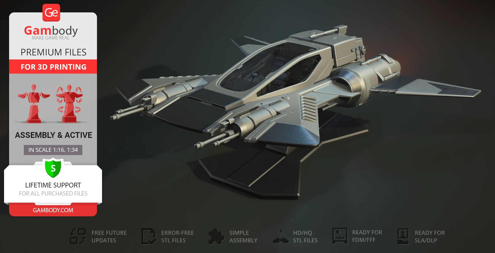 A sleek, futuristic spacecraft with dual front cannons and angular wings, designed for 3D printing.