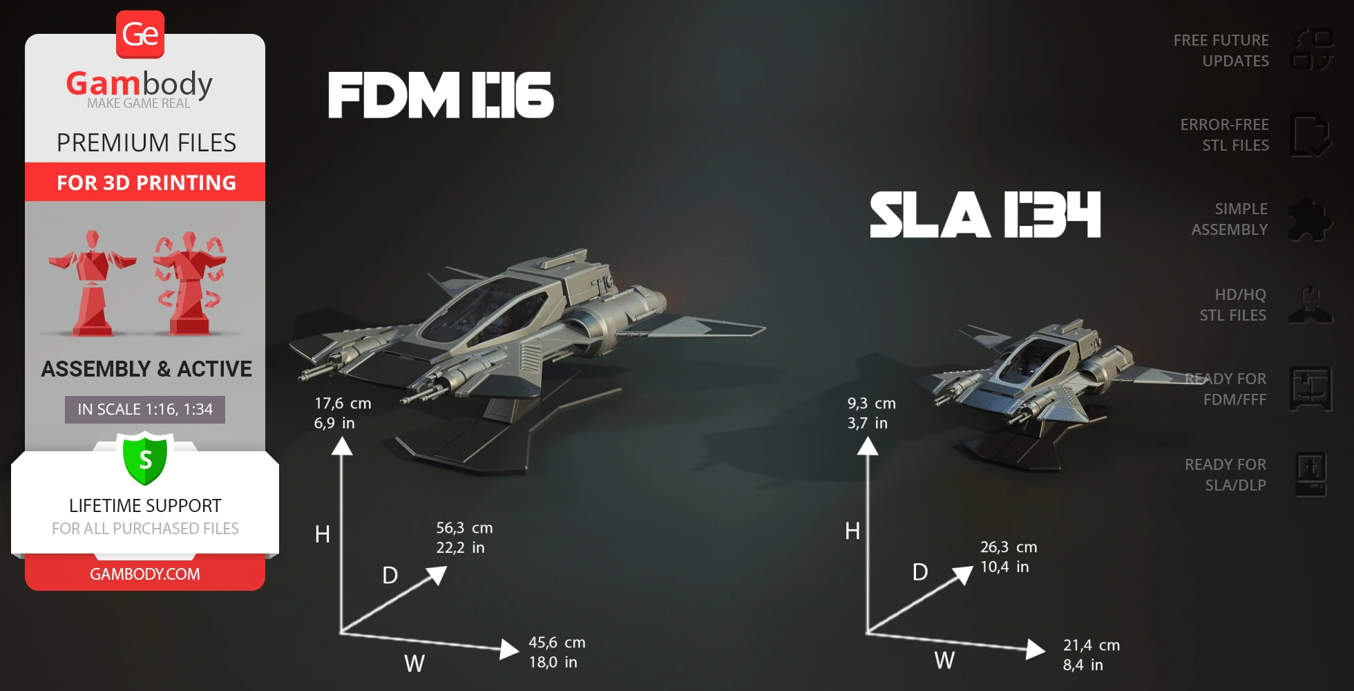 Futuristic spacecraft models for 3D printing, shown in two sizes with dimensions.