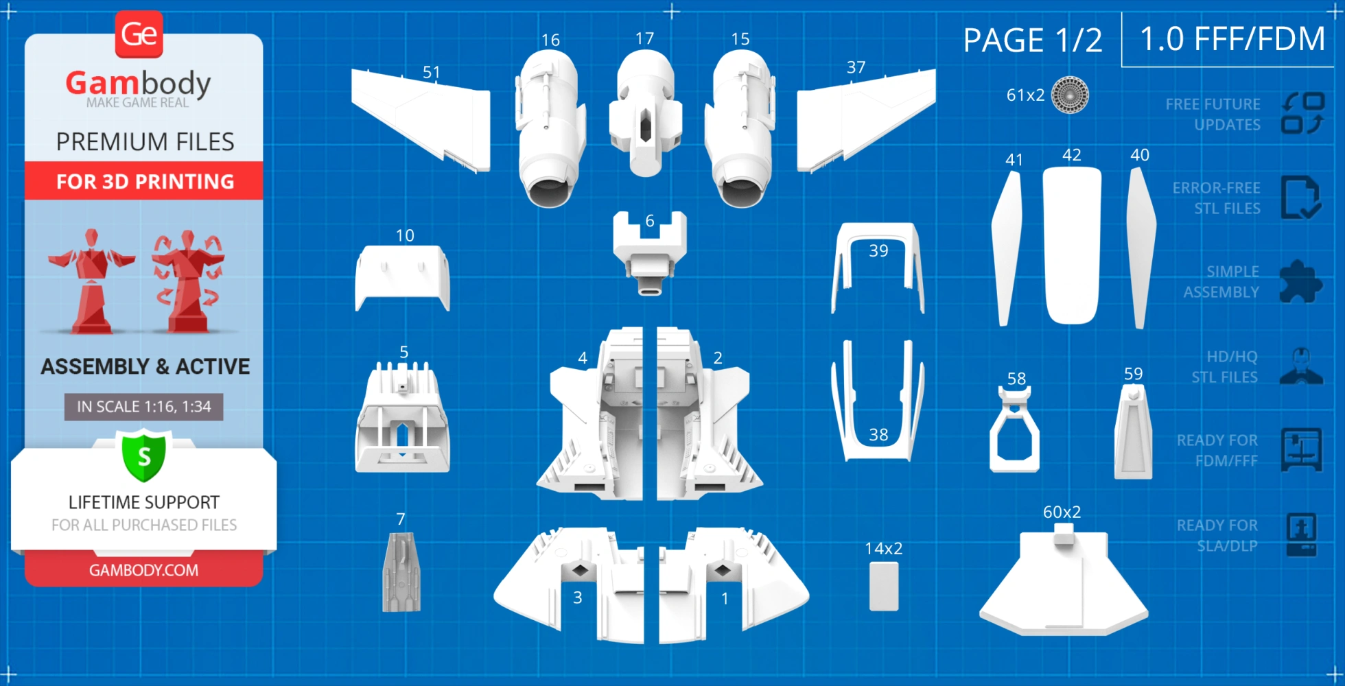 Layout of 3D printable parts for a Star Wars Pirate Snub Fighter, with assembly instructions.