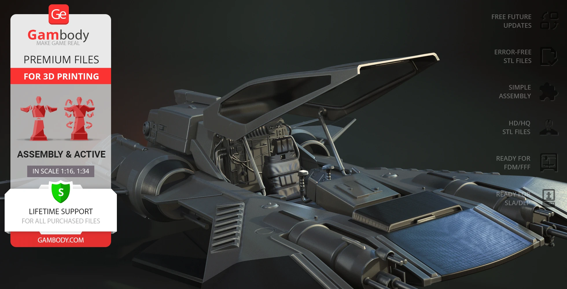 Futuristic spaceship cockpit with open canopy, designed for 3D printing, by Gambody.