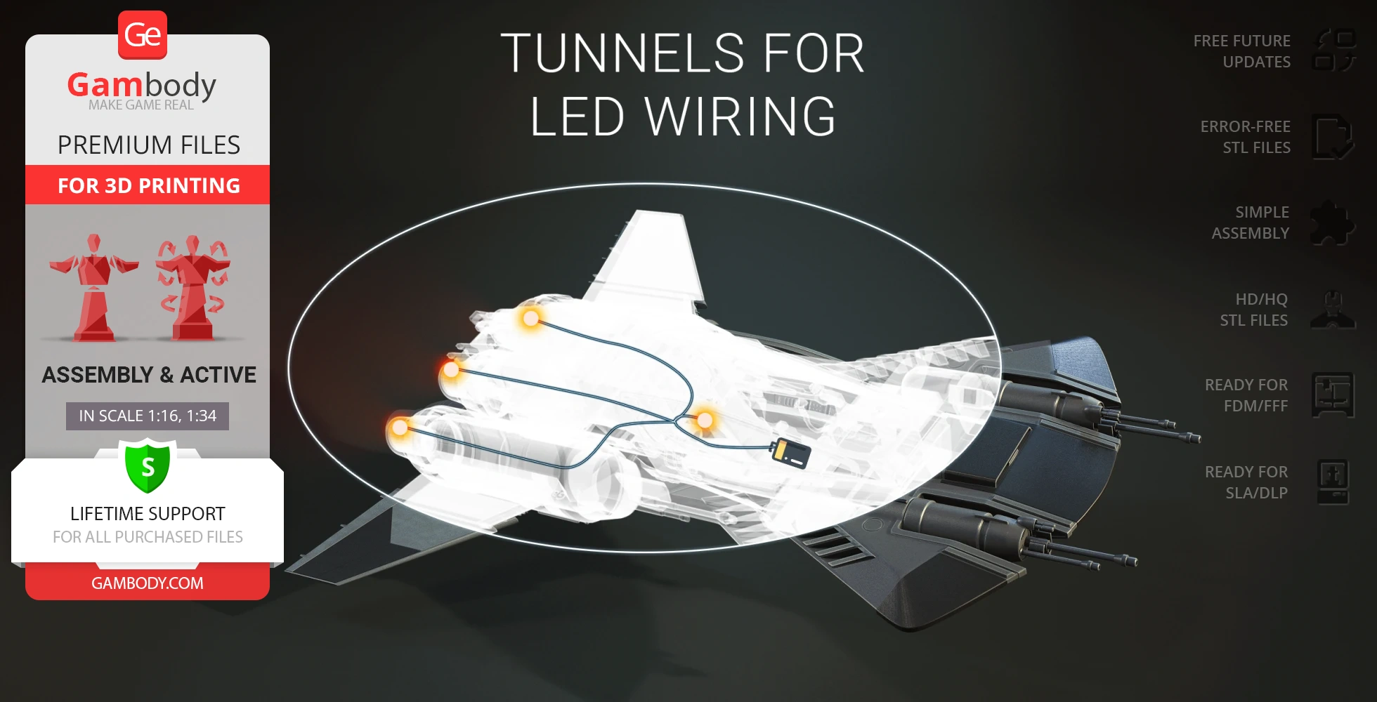 Futuristic starfighter 3D model with LED wiring tunnels, featuring dual engines and sleek design.