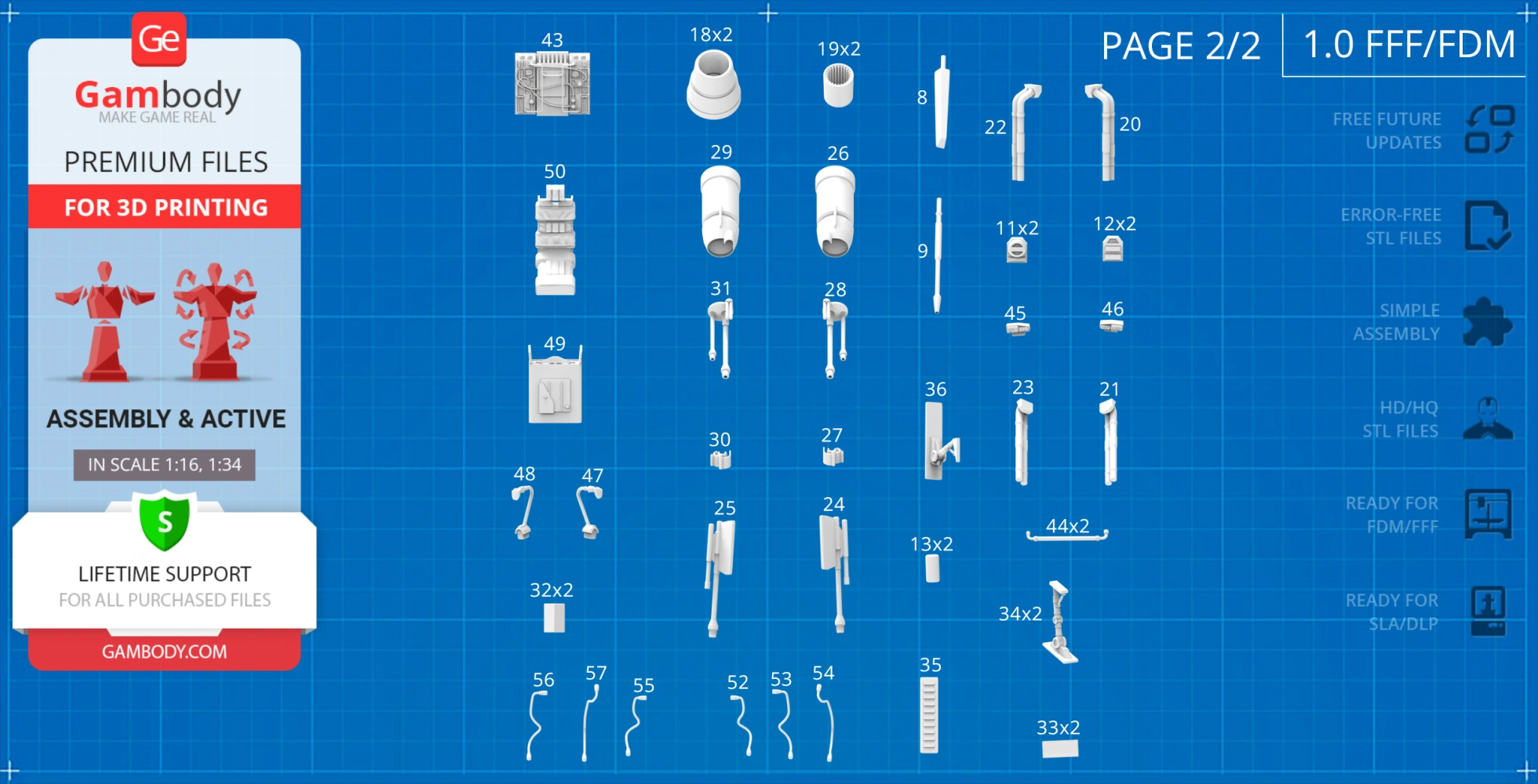 Grid layout showing labeled 3D model parts for a Pirate Snub Fighter, ready for 3D printing.