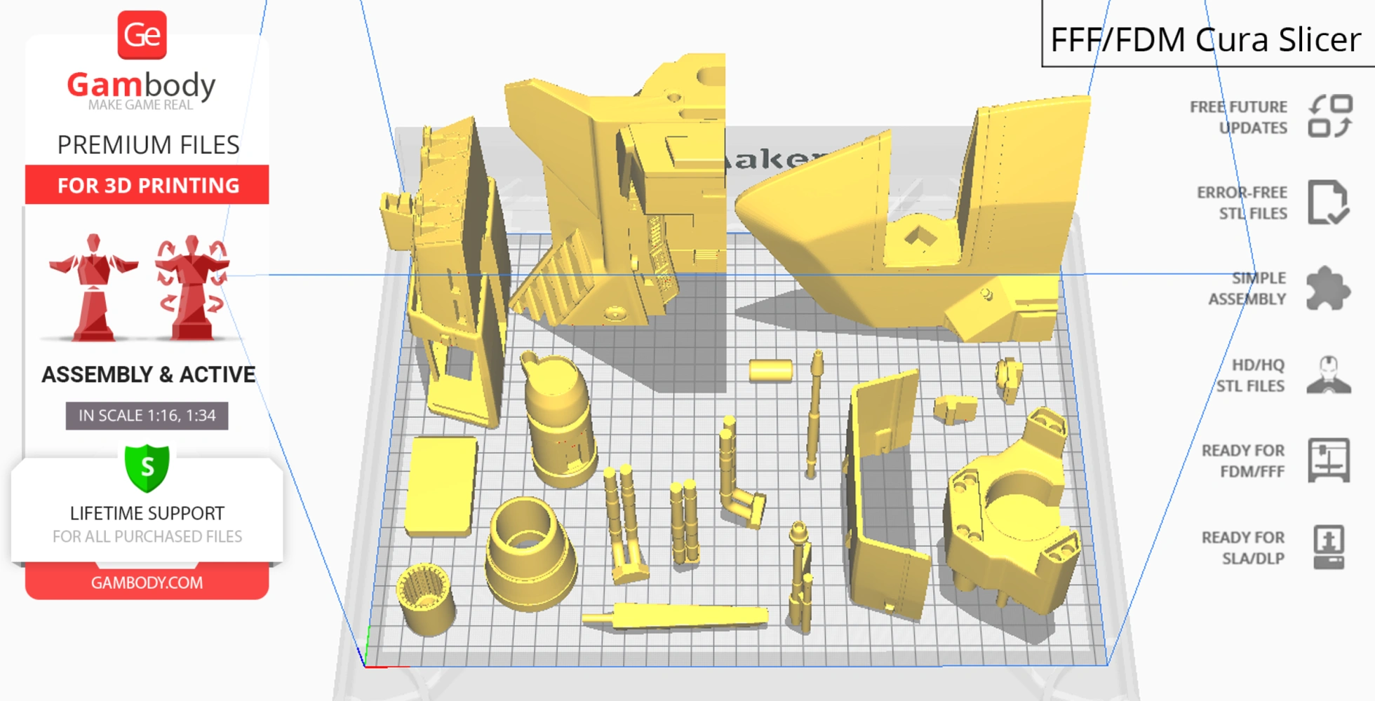 Multiple 3D-printed components for assembling a Star Wars Pirate Snub Fighter, displayed in a Cura slicer.