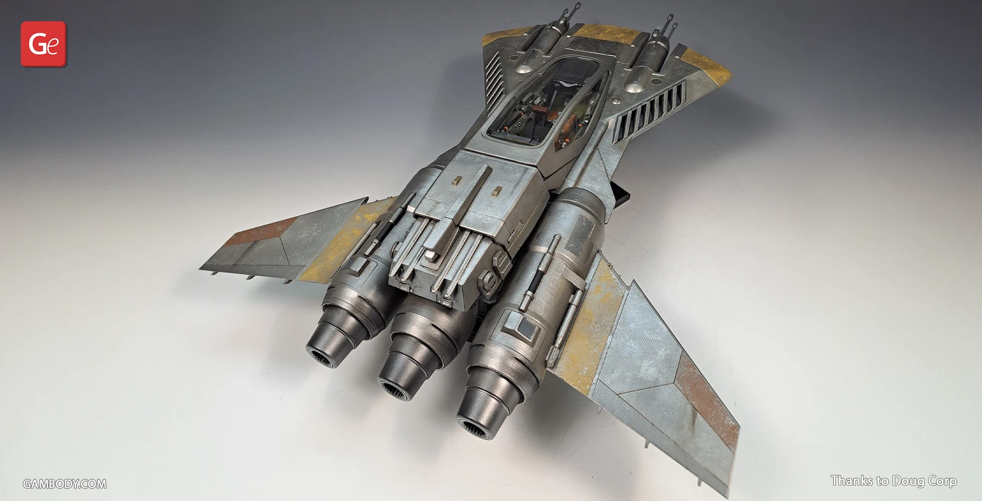 Detailed 3D model of a futuristic starfighter with triangular wings and powerful rear engines.