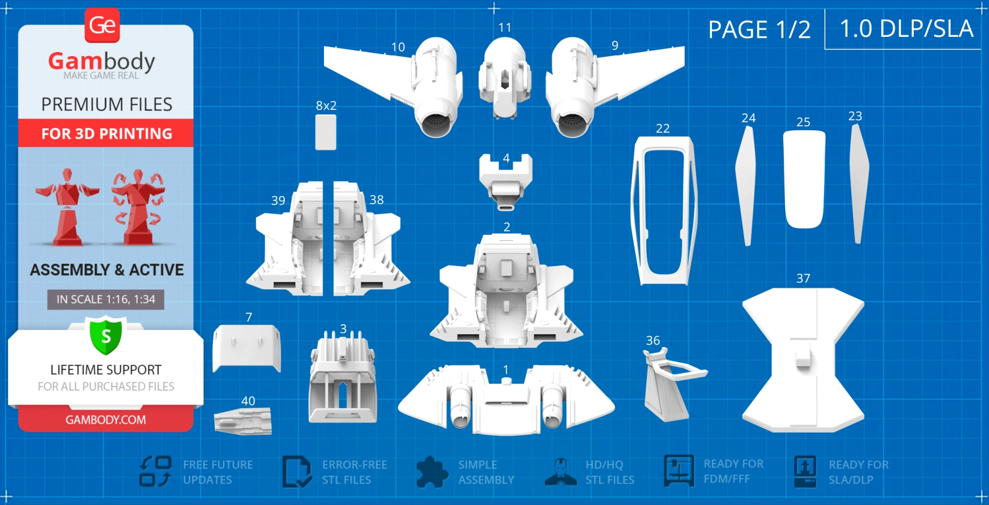 3D model parts for a Star Wars Pirate Snub Fighter on a blueprint-style layout.
