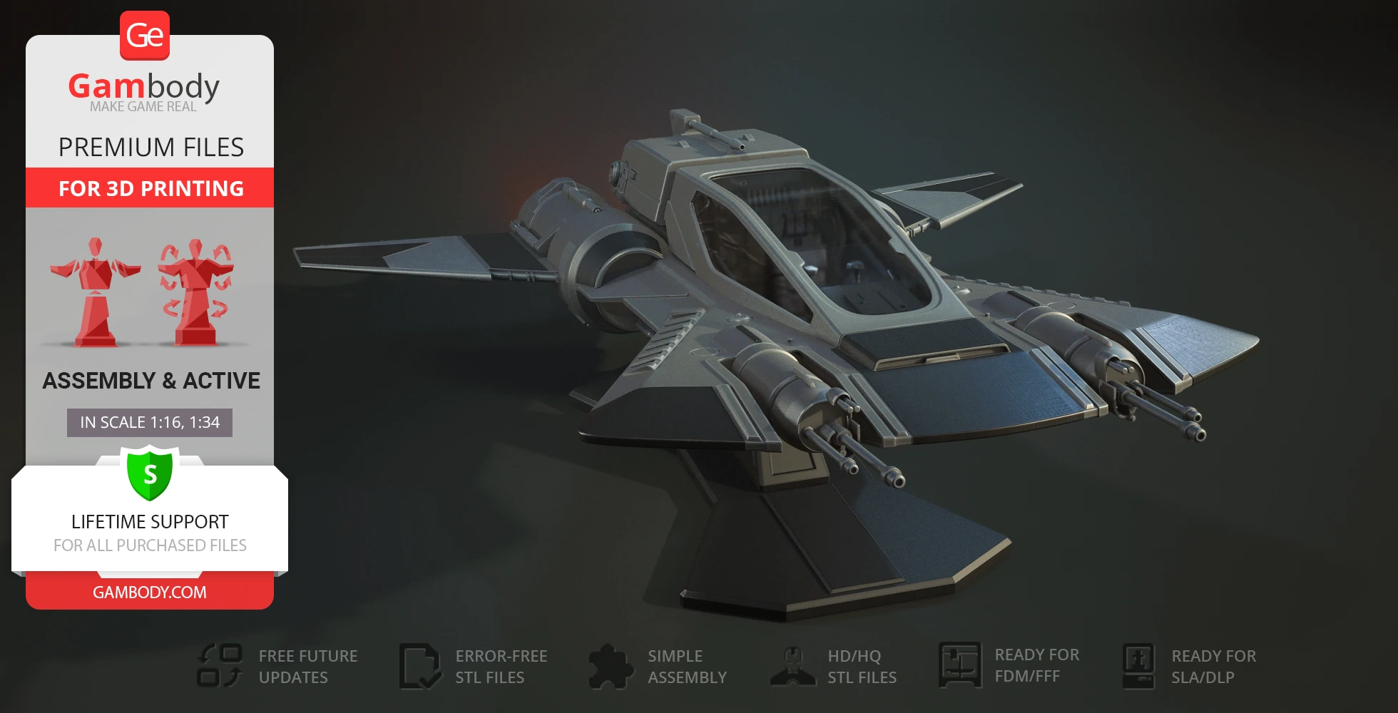 A detailed 3D model of a Star Wars-inspired pirate snub fighter for 3D printing, showcasing sleek design.