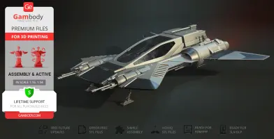 A 3D model of a sleek, futuristic spaceship with wings and dual front cannons, designed for 3D printing.