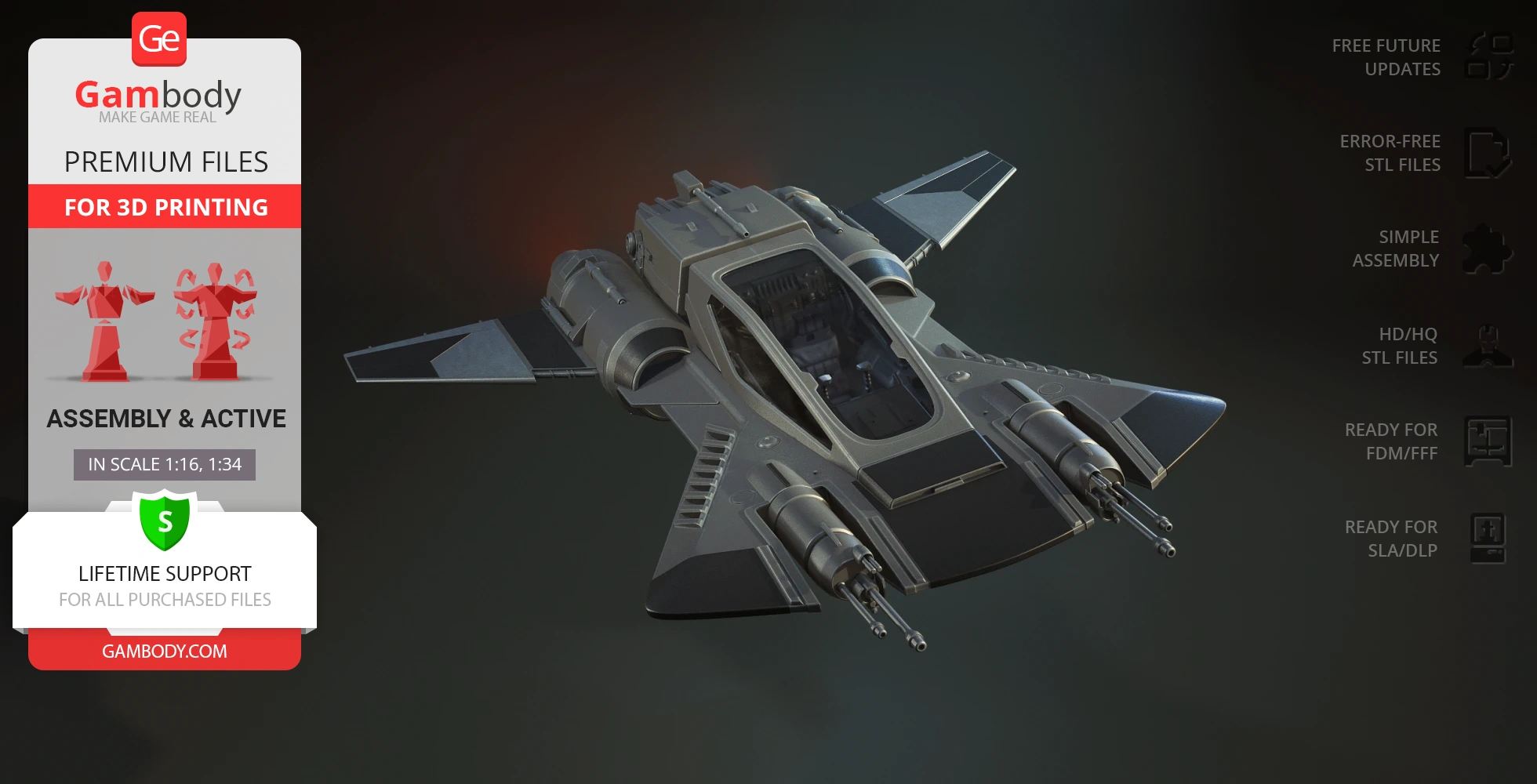 A detailed 3D model of a futuristic spaceship with angled wings and dual front cannons, ideal for 3D printing.