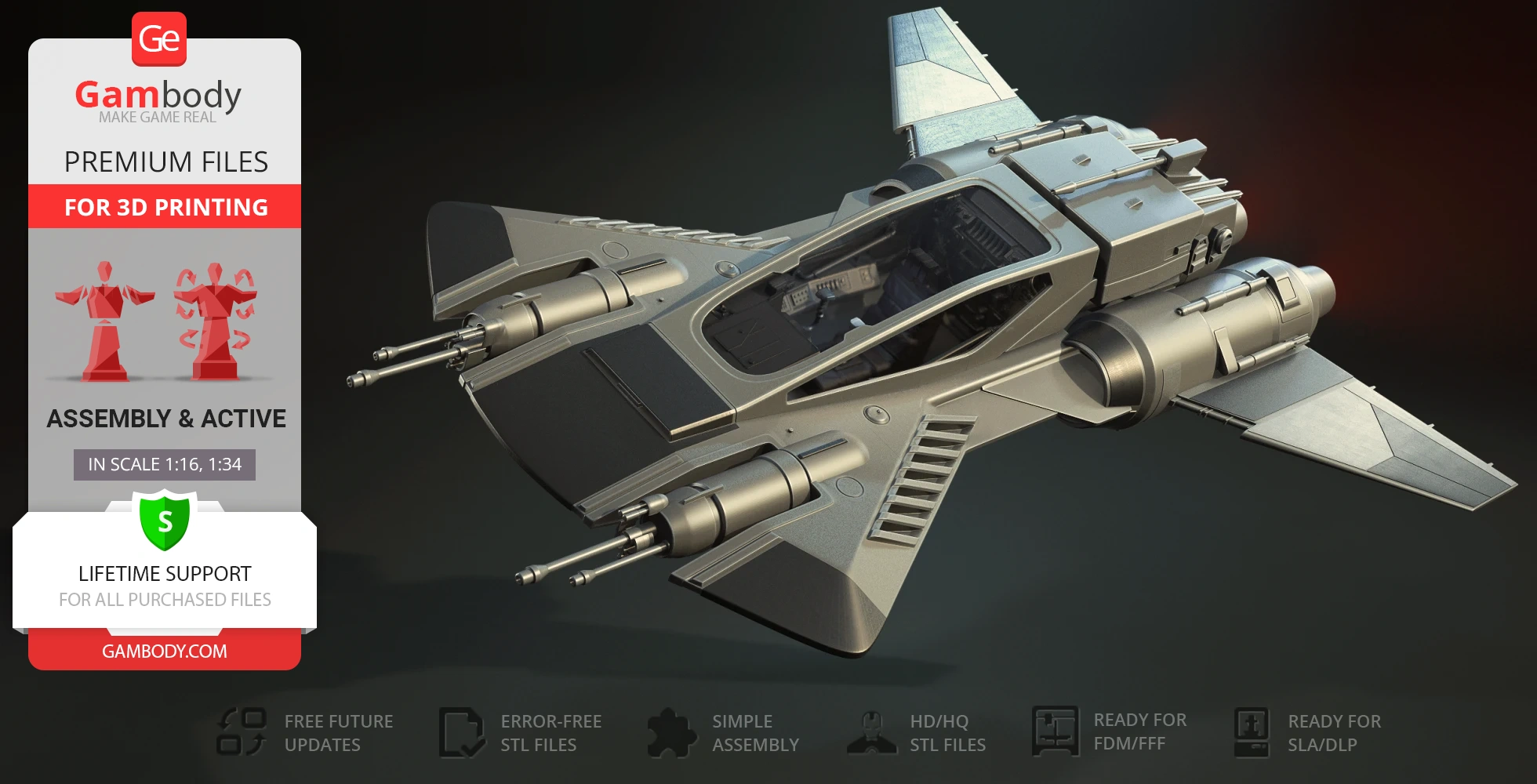 Sleek Star Wars-inspired fighter ship model with dual front cannons and angular wings for 3D printing.