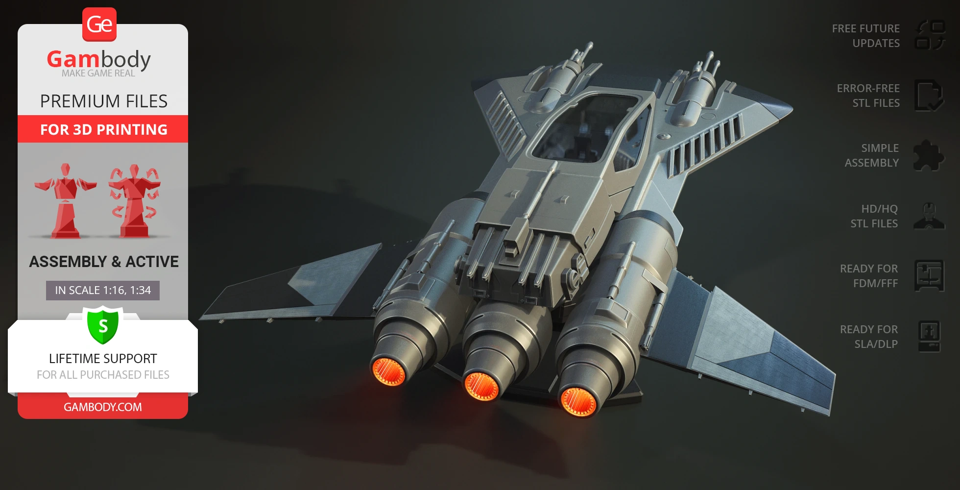 Sleek Star Wars-inspired fighter ship with dual engines, featuring detailed 3D printable model design.