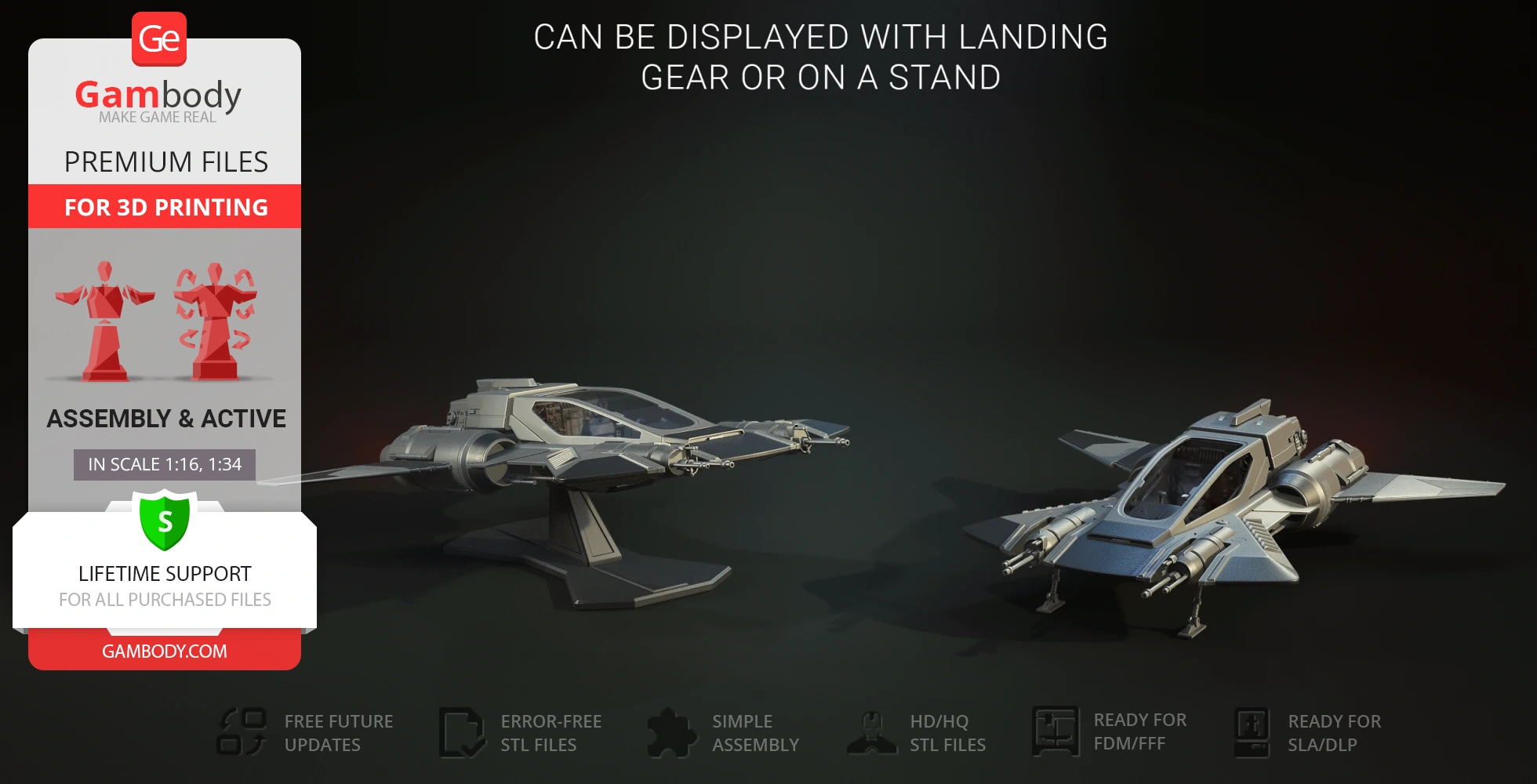 Two detailed 3D models of a Star Wars Pirate Snub Fighter on display stands.