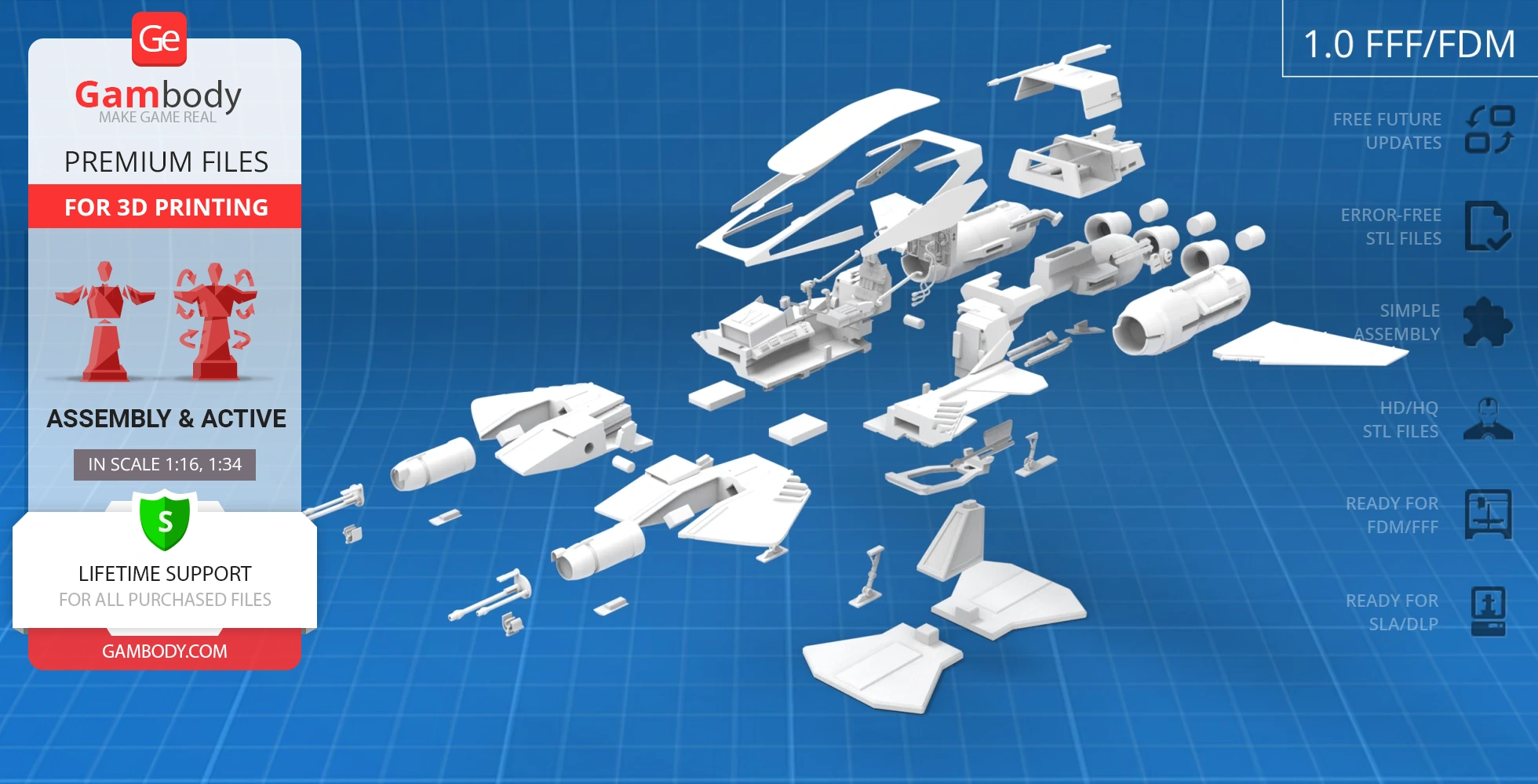 Exploded 3D model of a Star Wars Pirate Snub Fighter for printing, with detailed assembly parts.